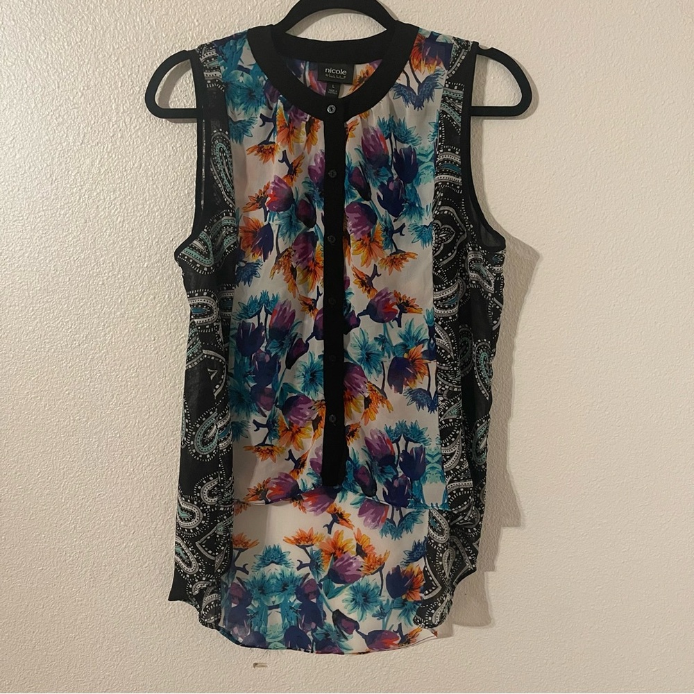 Nicole by Nicole Miller Women's Sleeveless Top/Sheer Button Up Floral Large